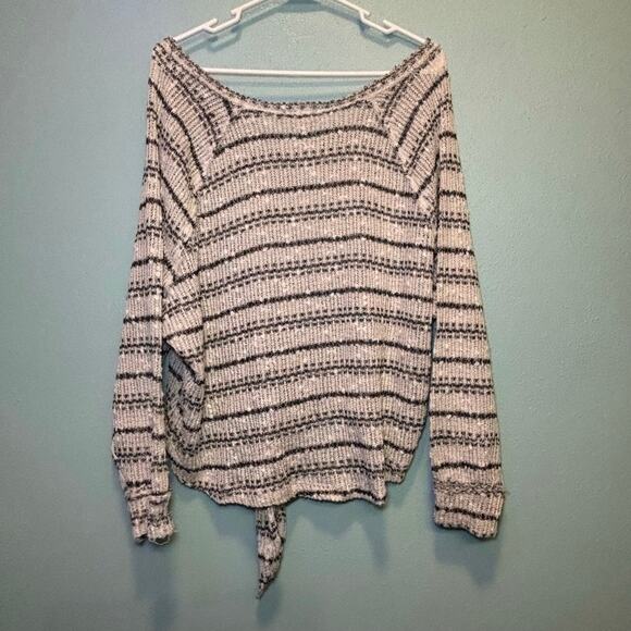 Altar'd State Striped V-Neck Tie Front Sweater Top Small Gray Blue White Knit - Picture 8 of 8